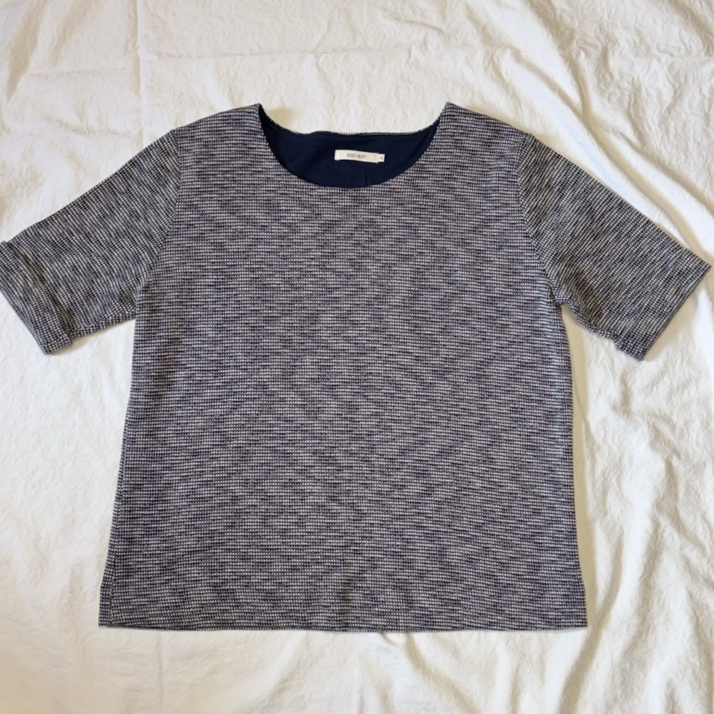 Sissy-Boy Manoa Waffle Pullover Top, Navy/White Short Sleeve, XL, EUC, cotton - Picture 9 of 14
